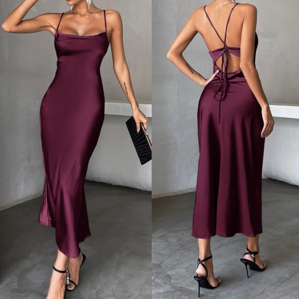 Luxe tie open back satin cami party formal evening wedding dress